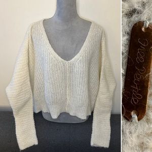Free People Alpaca Blend Cream Oversized Cropped V-Neck Sweater- M